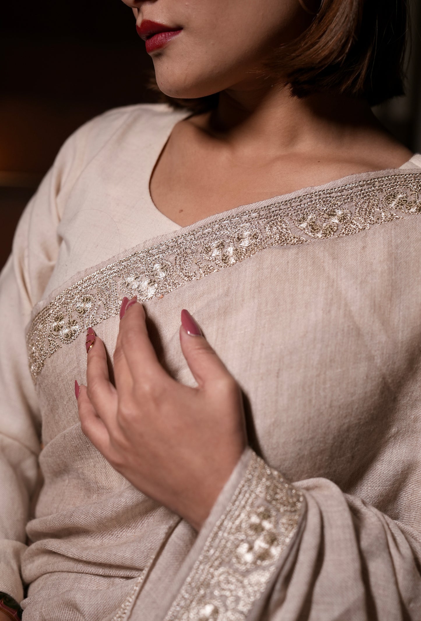 natural shade hand tilla embroidery pashmina saree