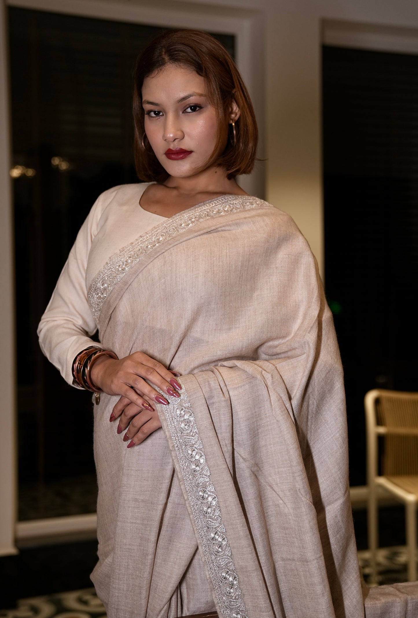 natural shade hand tilla embroidery pashmina saree