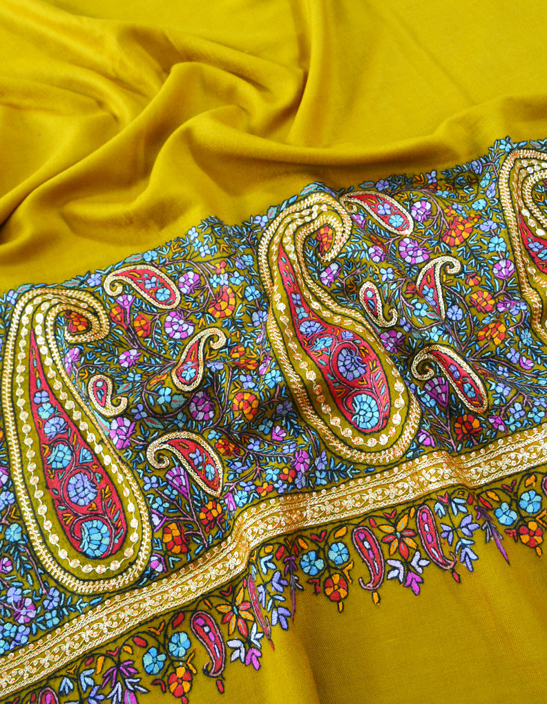 Hand Embroidered Pashmina Shawl Mustard 5300