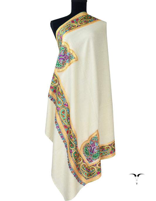 Tilla and Sozni On White Pashmina Shawl 5361