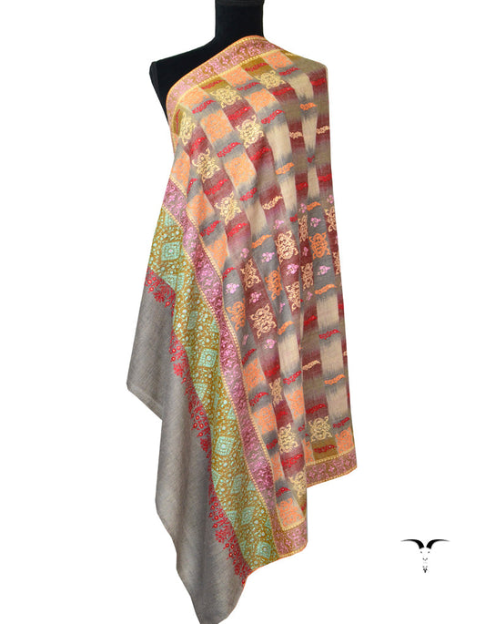 Check Based Pashmina In Grey With Sozni Embroidery 5385