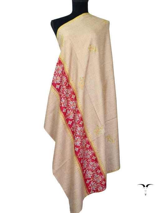 Natural & Maroon Pashmina Shawl With Sozni Work 5399