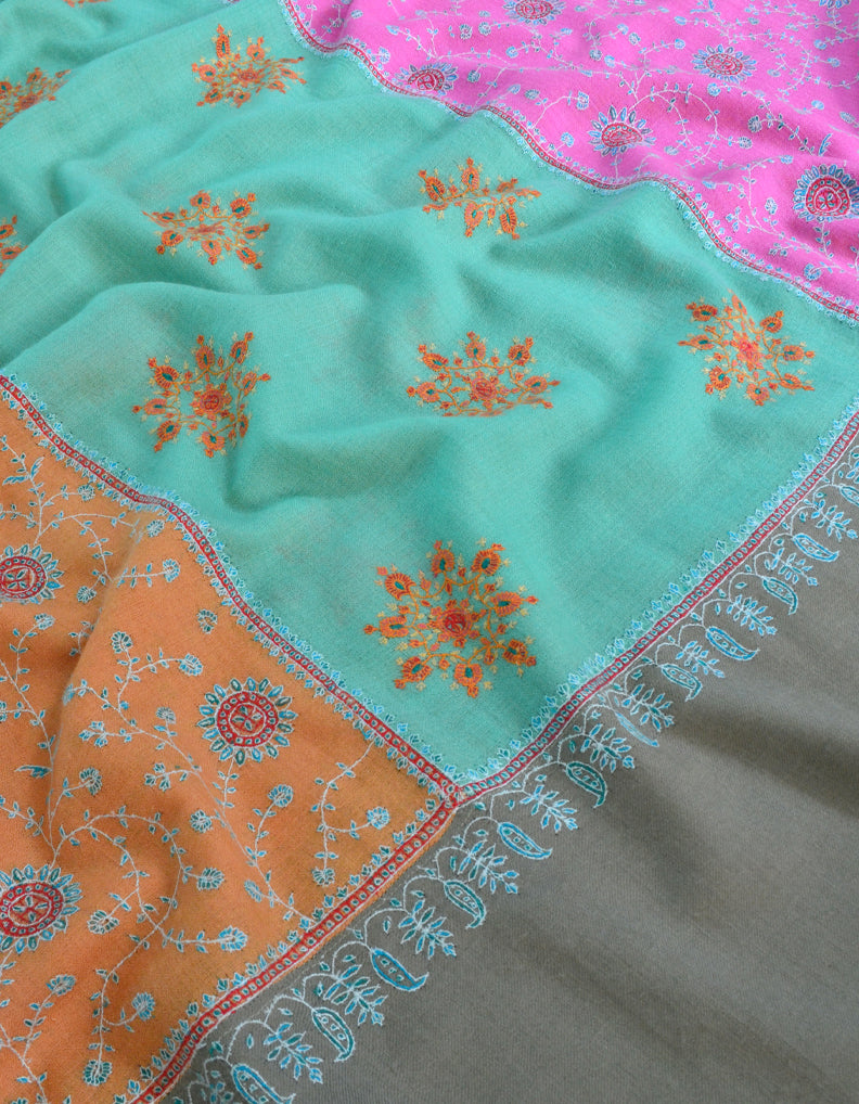 Orange, Blue, Pink & Grey Pashmina Shawl With Sozni Work 5417