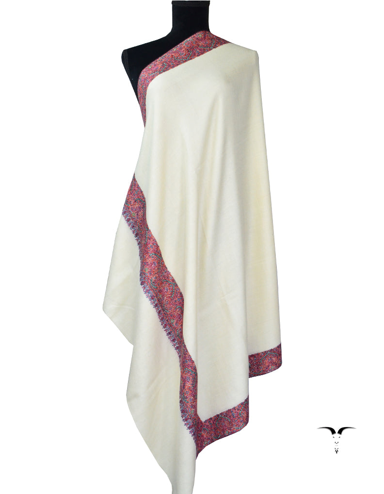 Natural White Pashmina Shawl With Sozni Embroidery 5419