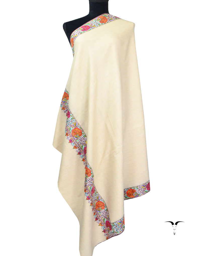 Natural White Pashmina Shawl With Papermachie Work 5486