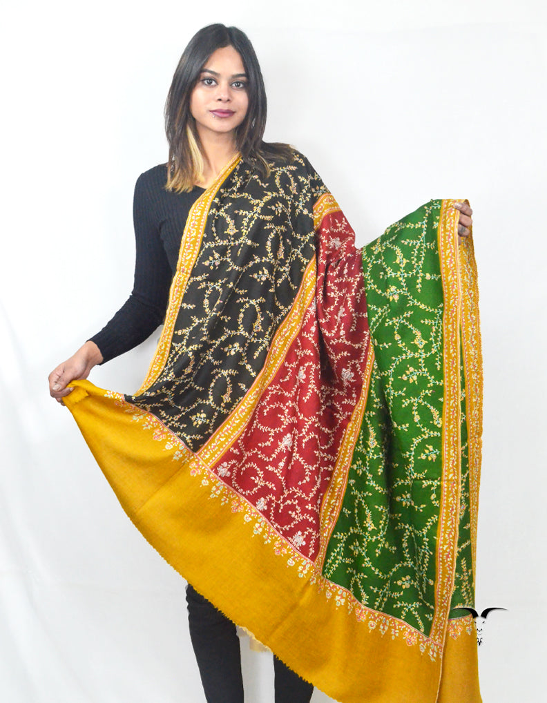 Embroidered Pashmina Shawl In Mustard, Black, Green & Maroon Coloures 5651