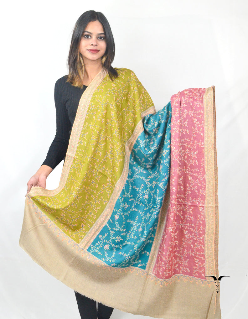 Embroidered Pashmina Shawl In Natural, Green, Blue & Pink Coloures 5652