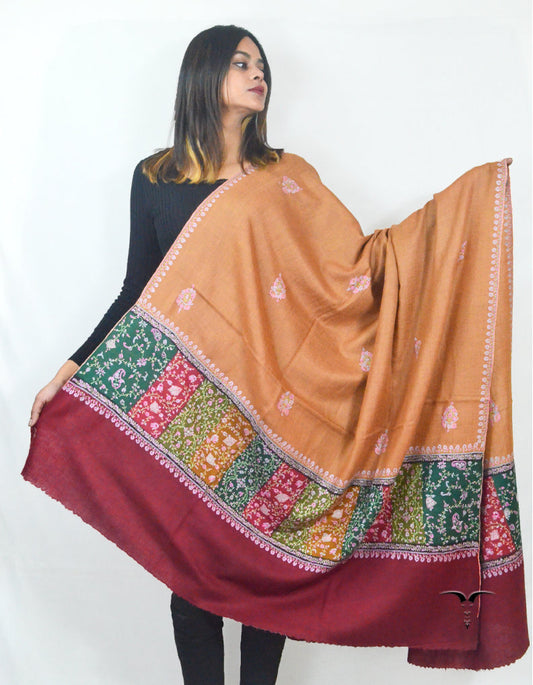 Macaroon Beige & Merlot Maroon Pashmina Shawl With Multicoloured & Sozni Borders 5659