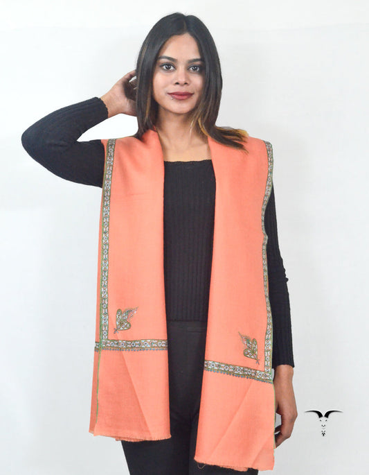 Neon Peach Pashmina Shawl With Sozni Borders 5663
