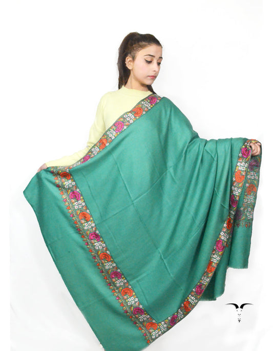 Teal Green Pashmina Shawl With Papermachie Work 5697