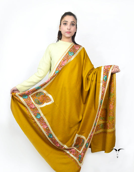 Mustard Pashmina Shawl With Tilla & Sozni Work 5701