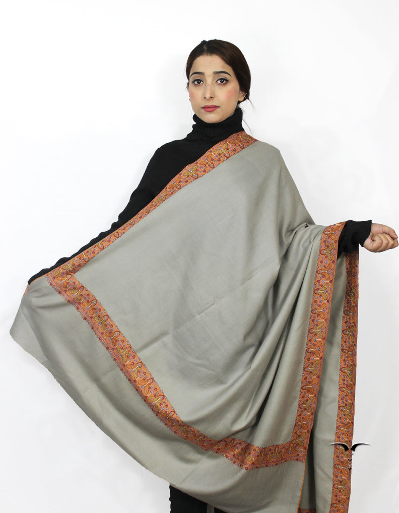 Natural Grey Pashmina Shawl With Sozni Embroidery 5719