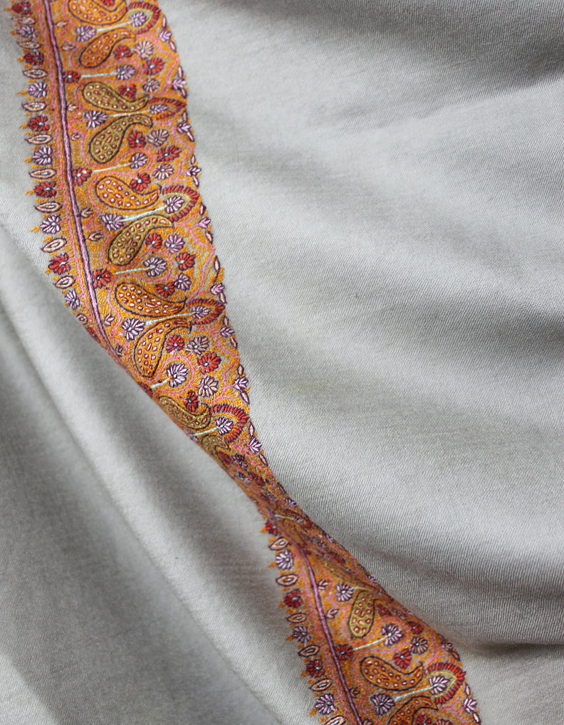 Natural Grey Pashmina Shawl With Sozni Embroidery 5719