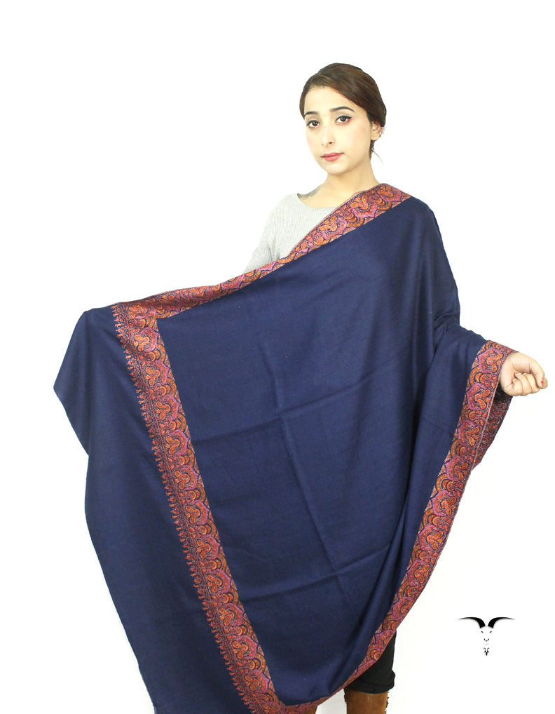 Blue Pashmina Shawl With Sozni Borders 5749