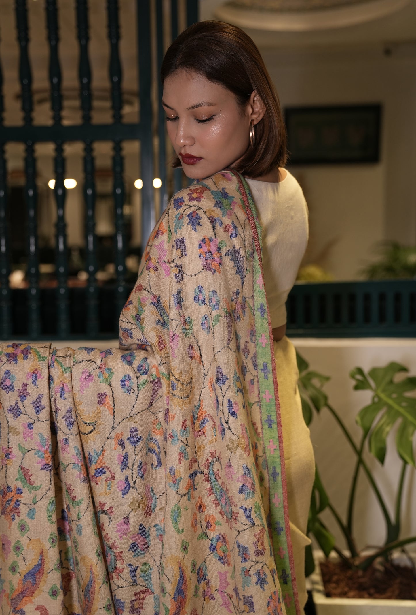 flax yellow handmade kani woven pashmina saree