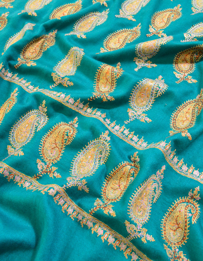 Turquoise Pashmina Shawl With Sozni Patch Work 5785