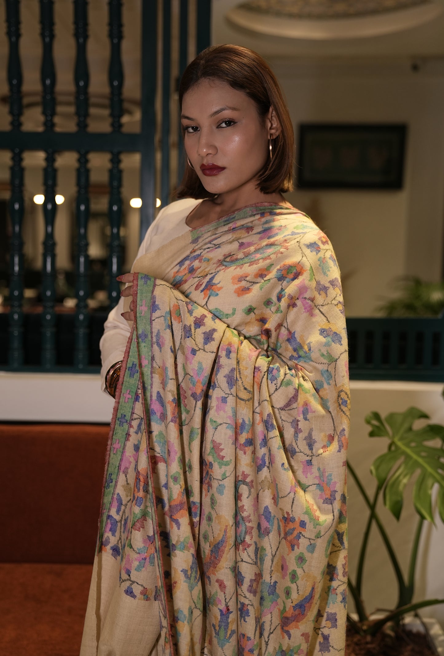 flax yellow handmade kani woven pashmina saree