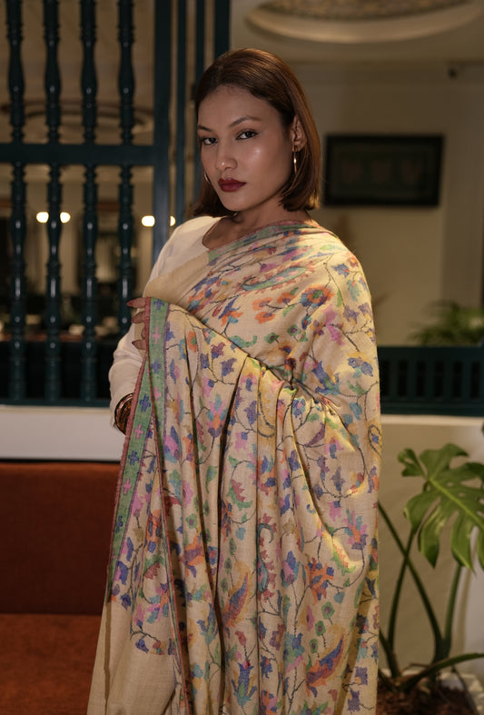 flax yellow handmade kani woven pashmina saree
