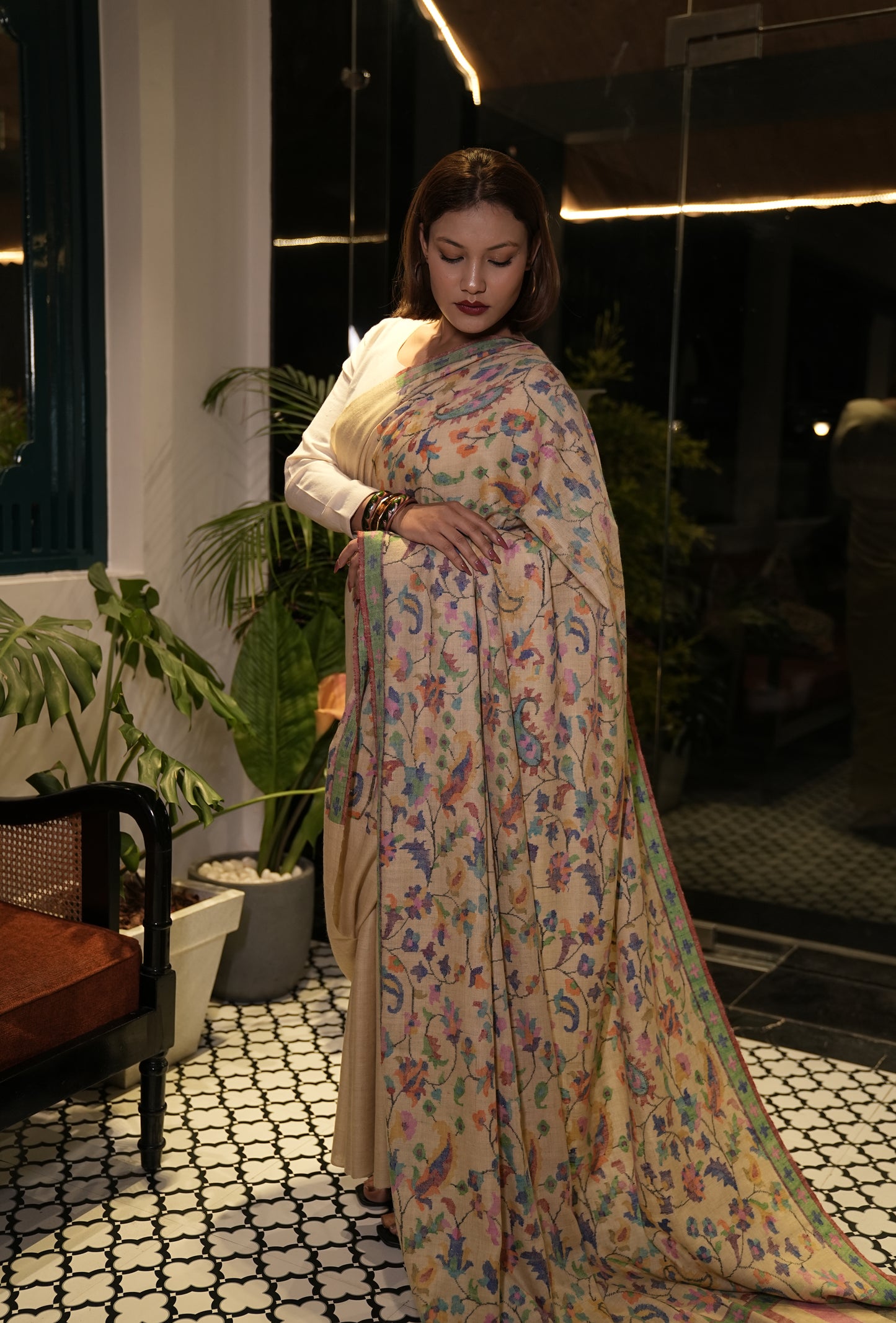 flax yellow handmade kani woven pashmina saree