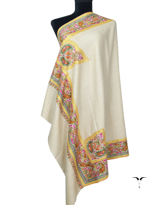 White Pashmina Shawl with Papermachie & Tilla 5851
