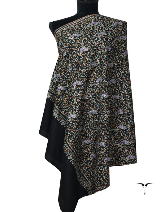 Black Pashmina Shawl In Sozni Hand Embroidery 6217