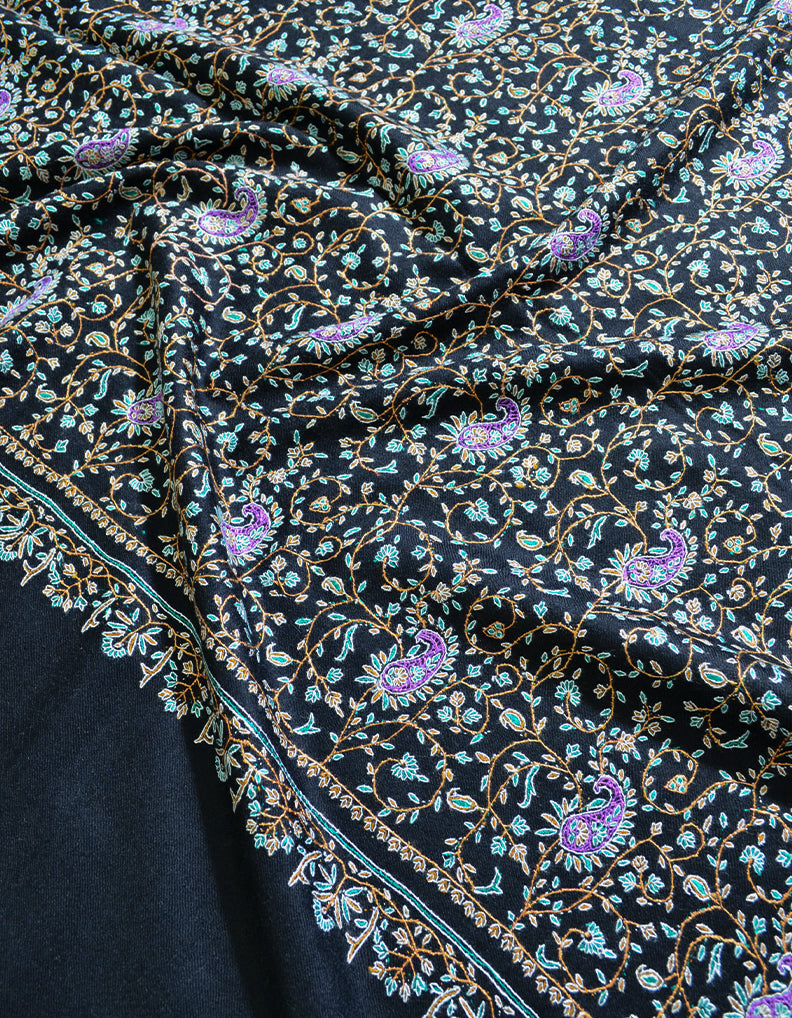 Black Pashmina Shawl In Sozni Hand Embroidery 6217