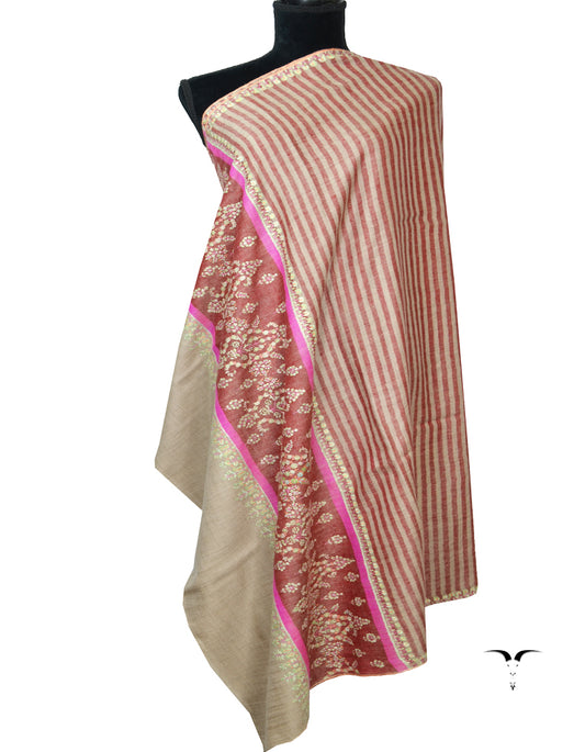Maroon & Natural Striped Pashmina Shawl With Sozni 6239