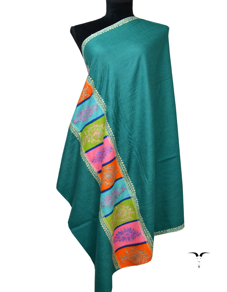 Pine Green Cashmere Pashmina Shawl With Multicoloured Border & Sozni Work 6464