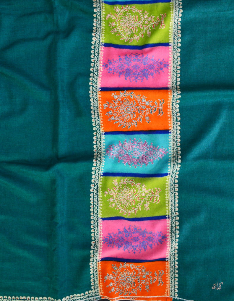 Pine Green Cashmere Pashmina Shawl With Multicoloured Border & Sozni Work 6464