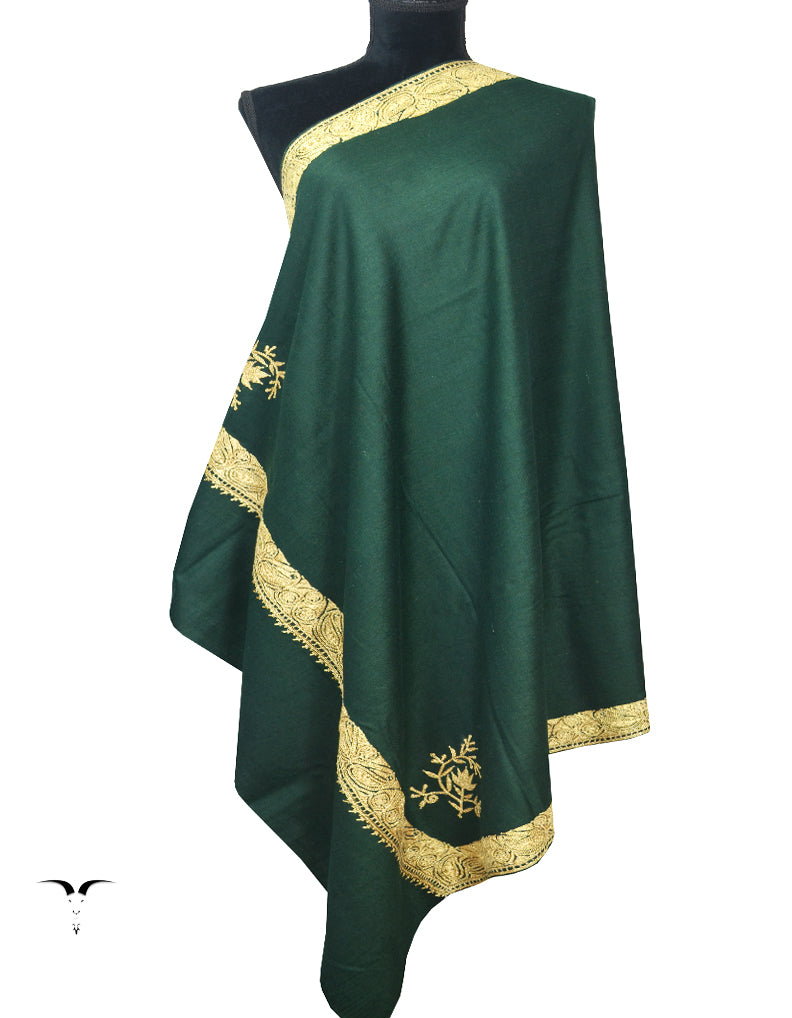 Dark Green Pashmina Shawl With Tilla Embroidery 6765