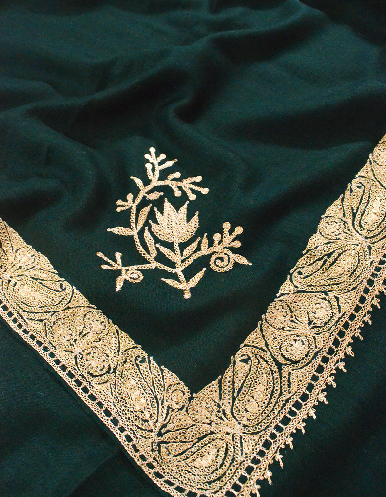 Dark Green Pashmina Shawl With Tilla Embroidery 6765
