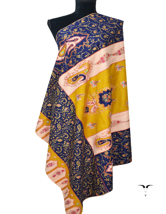 Indigo Blue & Yellow Pashmina Shawl In Sozni Work 6835