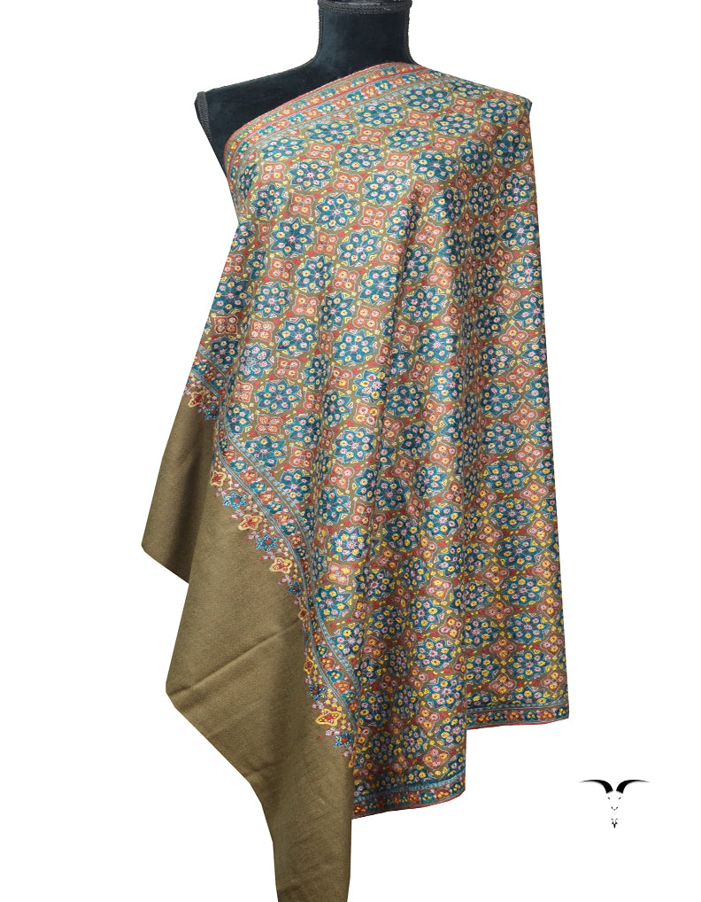 Olive Golden Pashmina Shawl With Sozni Embroidery 6923
