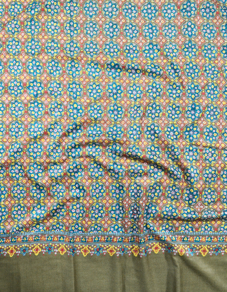 Olive Golden Pashmina Shawl With Sozni Embroidery 6923