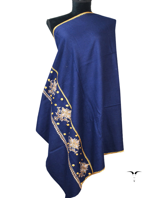 Royal Blue Pashmina Shawl With Sozni & Tilla Work 6968