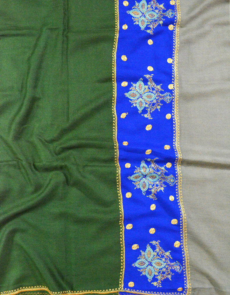 Green, Blue & Grey Pashmina Shawl WIth Tilla & Sozni 6974