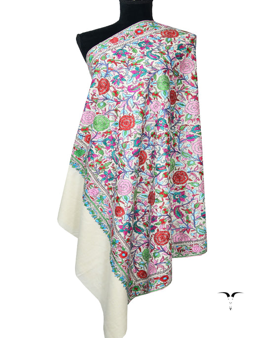 White Pashmina Shawl With Papermachie Work 7088
