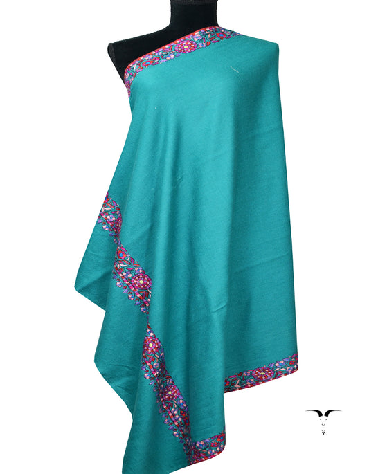 Teal Blue Pashmina Shawl With Papermachie Work 7091