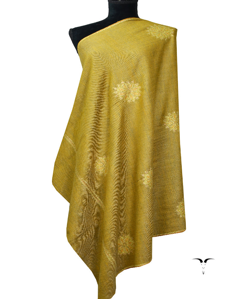 Mustard and Olive Green Embroidery Pashmina Shawl 7136