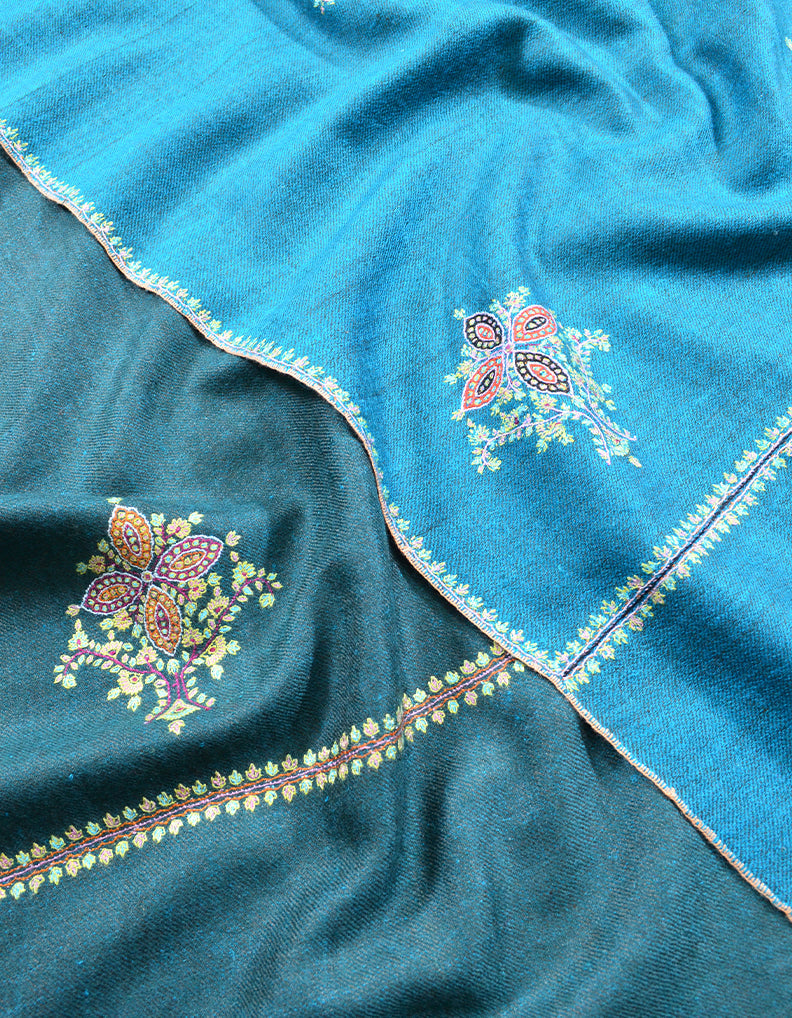Green and Sky Blue Embroidery Pashmina shawl 7139