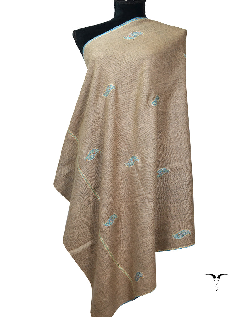 Natural Brown And Mettalic Grey Embroidery Pashmina Shawl 7140