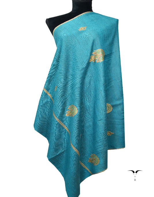 Green and sky blue Embroidery Pashmina Shawl 7144