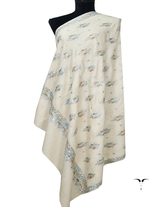 White Embroidery Pashmina Shawl 7196