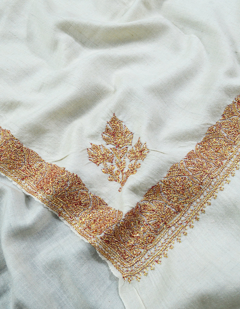 Off-White and Golden Embroidery Pashmina Shawl 7291