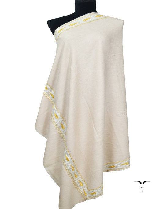 Off-White and Golden Embroidery Pashmina Shawl 7300
