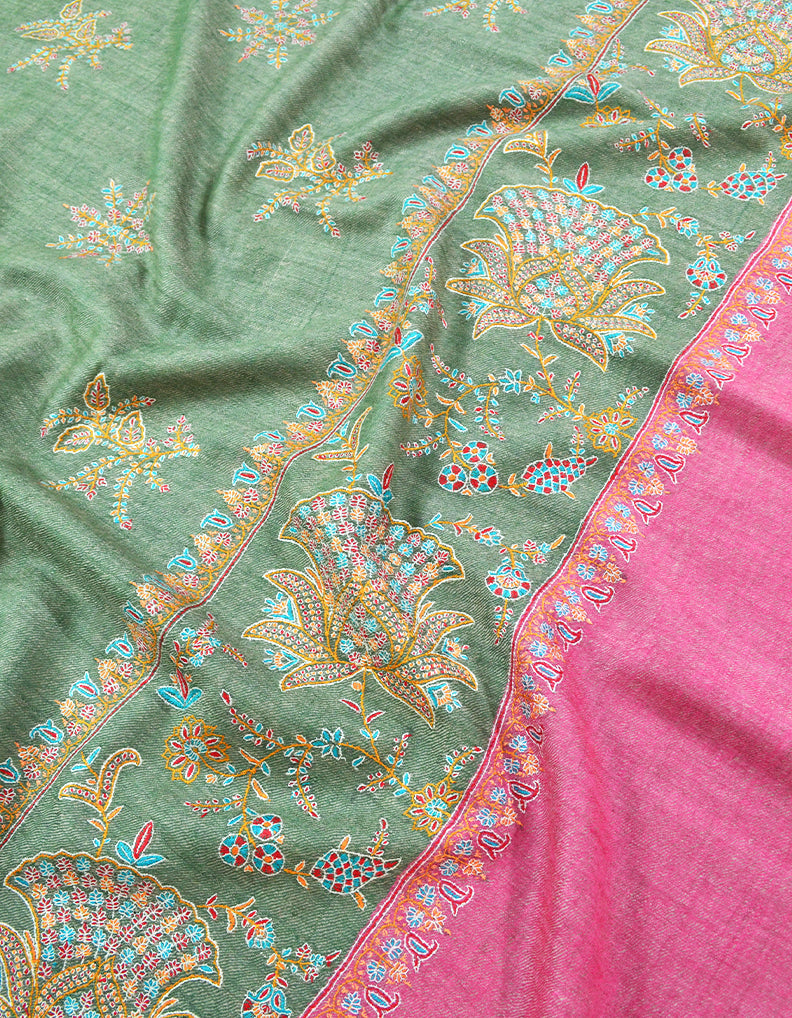 Pink and Green Embroidery Pashmina Shawl 7311
