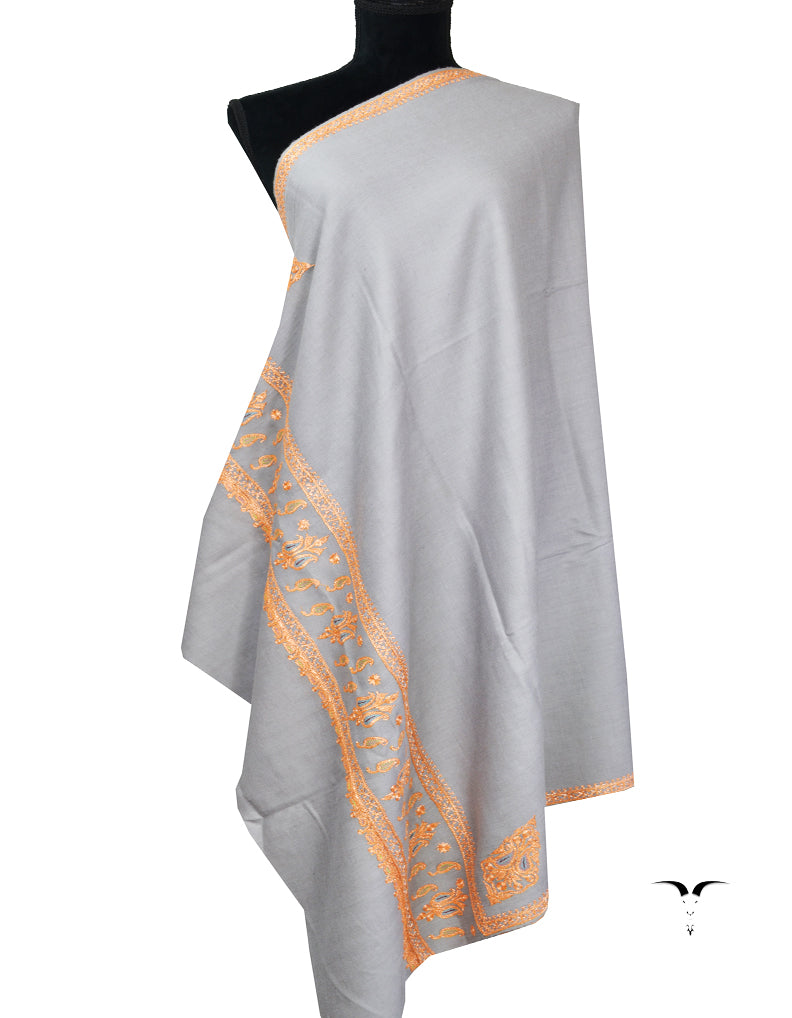 Light Grey Tilla Embroidery Pashmina Shawl 7589
