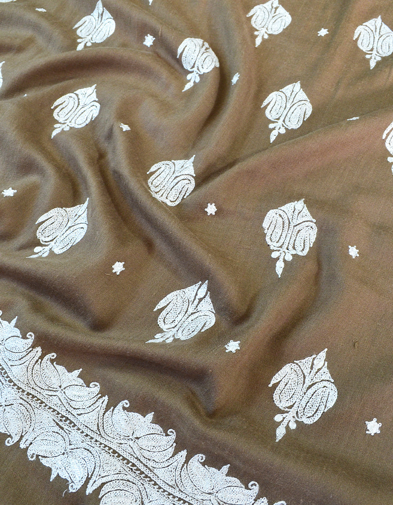 Dark Natural Tilla Embroidery Pashmina Shawl 7592