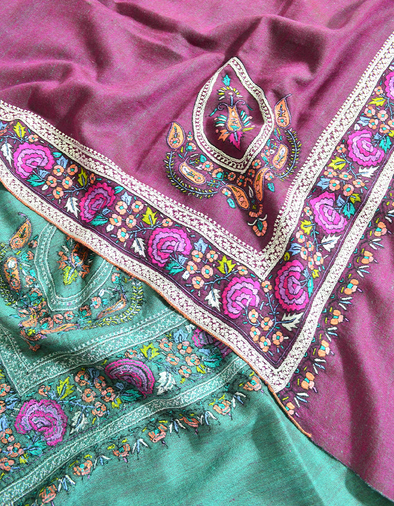 Purple And Green Reversible Embroidery Pashmina Shawl 7627