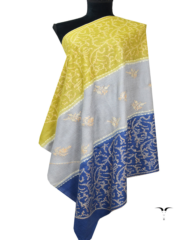 Yellow Blue And Grey Pashmina Embroidery Shawl 7704